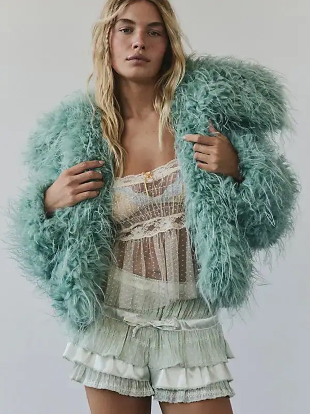 Free People Moonlight Faux Fur Jacket in Granite Green NWT